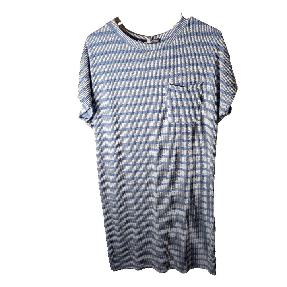 C'est La Vie Dress Women's Medium Textured Blue Striped Pocket Short Sleeve